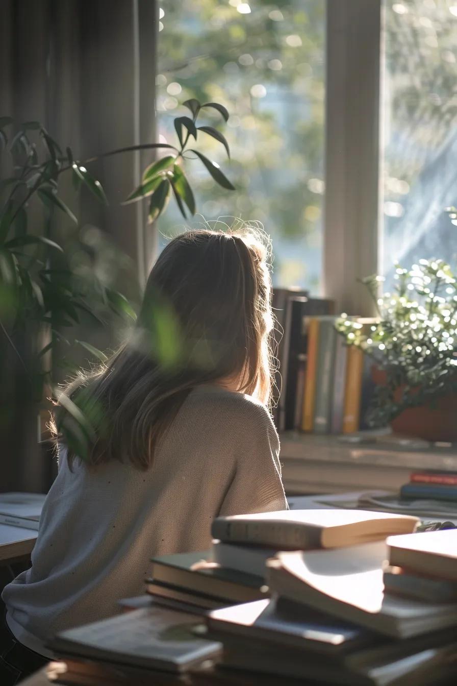 een krachtige close-up van een jongvolwassene die geconcentreerd voor een bureau zit, omringd door boeken en studiemateriaal, met een warme gloed van natuurlijk licht dat door een raam valt, symboliserend de focus en aandacht die ritalin en methylfenidaat kunnen bieden bij de behandeling van adhd.