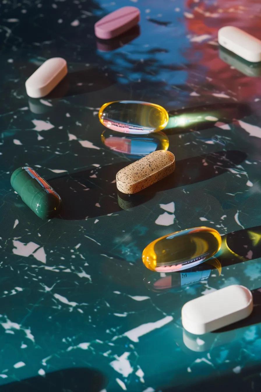 een krachtige close-up van een heldere, moderne pillenstrip met glanzende capsulevormige tabletten in verschillende kleuren, onder natuurlijke verlichting op een marmeren achtergrond, die de essentie van innovatieve medicatie symboliseert.