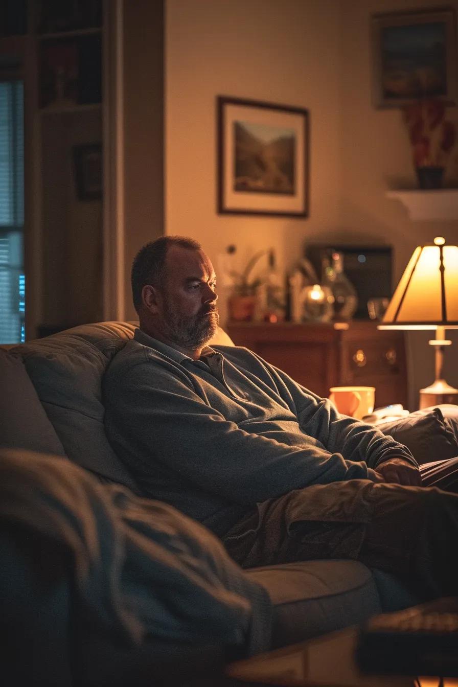 een krachtige en intieme scène van een man die zelfverzekerd en ontspannen in zijn woonkamer zit, omgeven door een warme gloed van sfeerverlichting, wat de positieve invloed van cialis op zijn leven symboliseert.